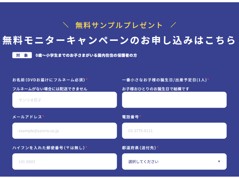サンリオイングリッシュマスター申し込み画面